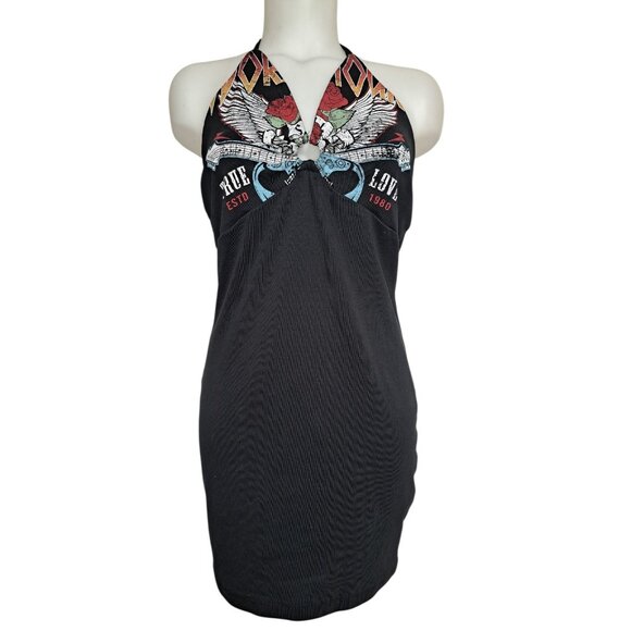 Forever 21 Womens XL Black Halter Mini Dress Rock Graphic Roses Wings 1980 - Picture 1 of 7